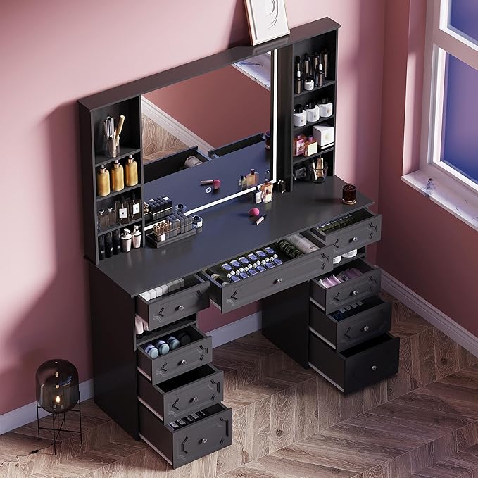 Makeup Vanity with 30" HD Lighted Mirror, 47" Large Vanity Desk with 9 Drawers & 10 Open Storage Shelves, Brightness Adjustable, Dressing Table for Bedroom, Women Girl (Black, B Panel)