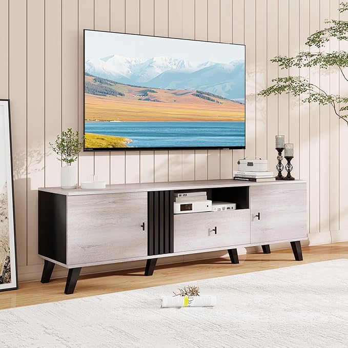Giantex Mid Century ModernTV Stand for 65-80 Inch TV, Wood Entertainment Center with Storage Drawer, 2 Side Cabinet &Open Shelf, TV Console Table for Bedroom, Living Room