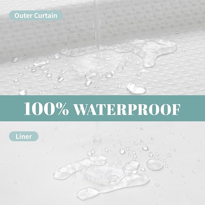 White Long No Hook Waffle Weave Shower Curtain with snap-in Liner Replacement, 230GSM Waterproof Fabric Hotel Shower Curtain Set for Bathroom, Through Mesh Top Window,71Wx80H