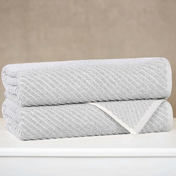 Superior Amelia Viscose Cotton Blend Medium Weight Towels, for Bathroom, Shower, Spa, Plush, Quick Dry, Ultra-Soft Towels, Bath Essentials, Ribbed Design, Bath Towels, Set of 2, Platinum
