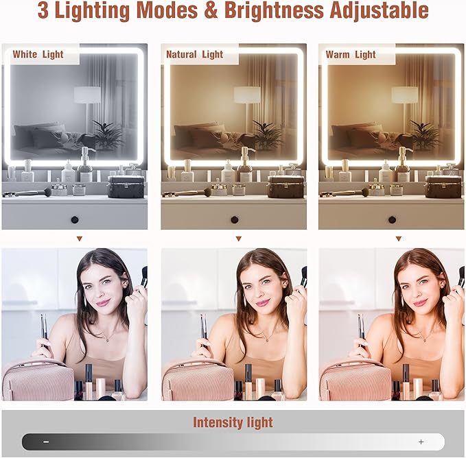 Vanity Desk with Mirror and Lights, 3-Color Lights Adjustable Brightness, White Vanity Makeup Desk with Drawer & Charging Station, Large Dressing Table Make Up for Bedroom