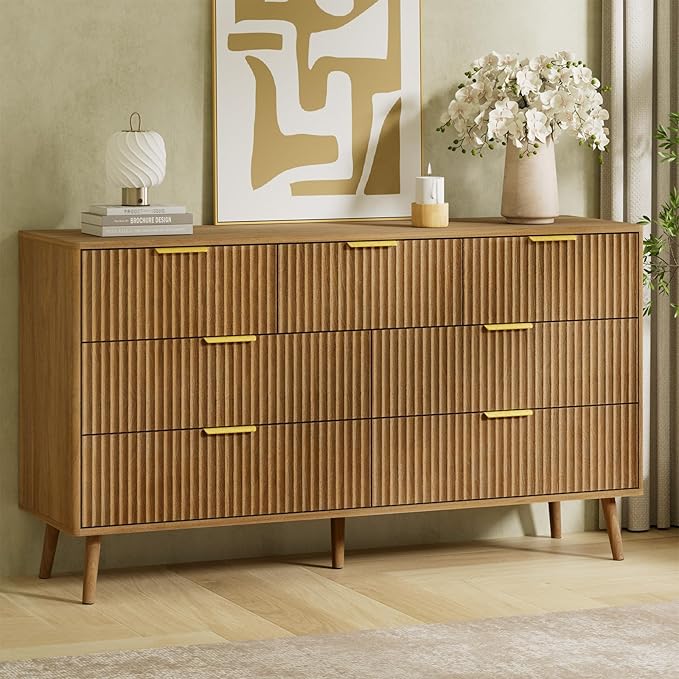 LYNSOM 55" Wide Fluted Dresser for Bedroom with 7 Drawer, Modern Chest of Drawers with Curved Profile Design and Metal Handles, Wood Dresser TV Stand & Storage Organizer for Living Room, Natural Oak