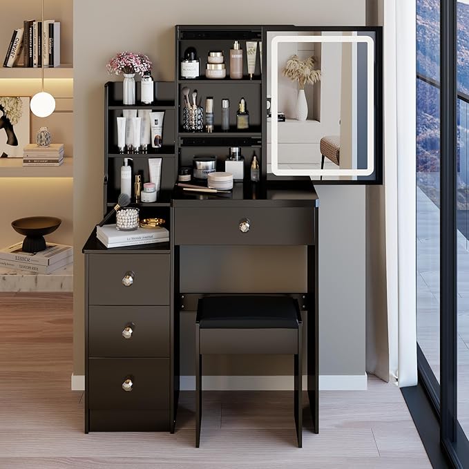 29.2" Small Vanity Desk with Mirror and Lights, Makeup Table with Led Lights and Sliding Mirror, 3 Lighting Colors, Vanity Set with Drawers and Stool for Small Space and Bedroom, Black