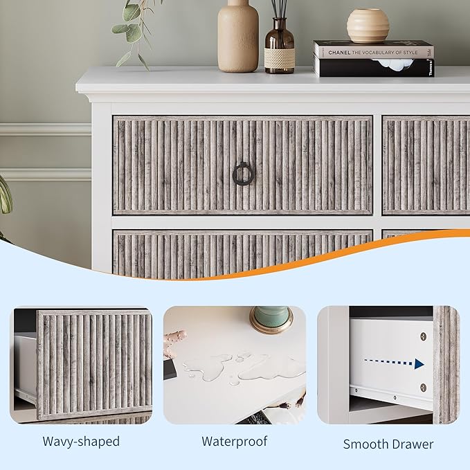 GarveeHome 6 Drawer Dresser for Bedroom，Waveform Fluted Chest with Large Drawer, Wooden Chest of Storage Cabinet, Fluted Dressers for Bedroom Living Room Hallway Closet, Anti-Tipping