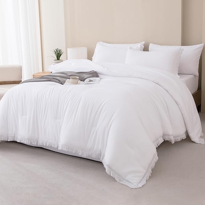 Andency California King Size Comforter Set with Sheets White - 7 Pieces Cal King in a Bag Boho Bedding Sets, White Fringe Bed Set with Comforter, Sheets, Pillowcases & Shams