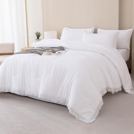 Andency White Comforter Set King Size with Sheets -7 Pieces Boho Tassel Bed in a Bag Soft Lightweight Bedding Sets, All Season Fringe Bed Set with Comforter, Sheets, Pillowcases & Shams