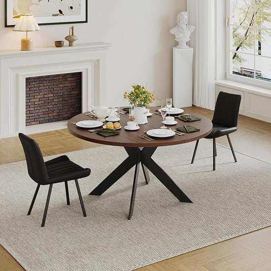 45.3" Walnut Round Dining Table Set with 2 Chairs – Mid-Century Modern Small-Space Kitchen & Dining Room Furniture for Apartment or Breakfast Nook (Boxwood – Table + 2 Black Chairs)