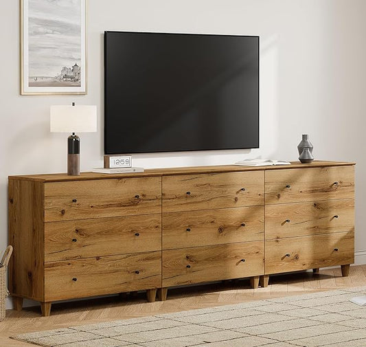 WAMPAT TV Stand Dresser for 100+ Inches TVs, 3-in-1 Wood Media Console Table with 9 Drawers, Modern Highboy Entertainment Center with Storage for Living Room Bedroom, Oak Brown