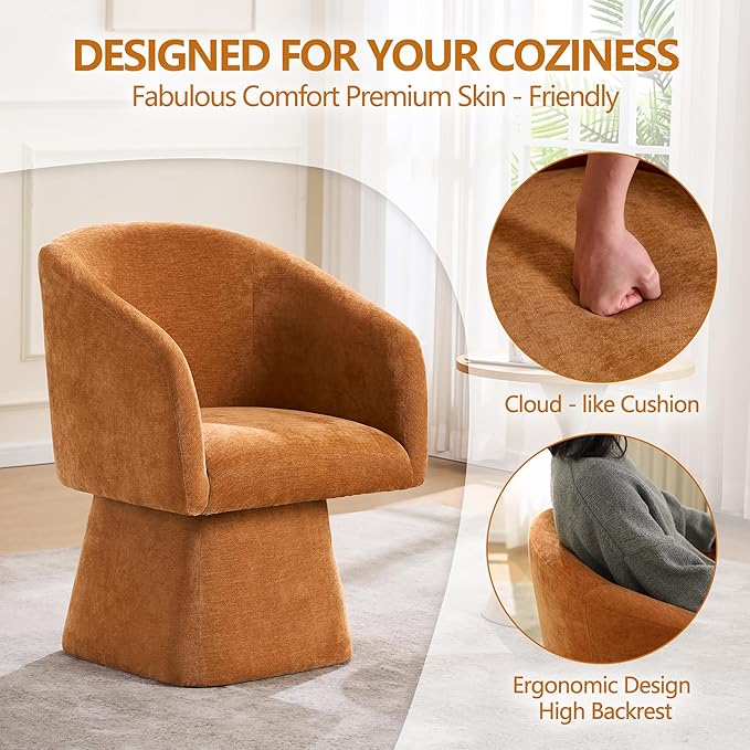 Swivel Modern Accent Chair,Luxury Fabric Upholstered Makeup Chair Comfy Barrel Chair with No Wheels,360°Rotating Vanity Armchair for Living Room Bedroom Office (Orange,Set of 2)