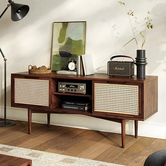 Bme Oliver TV Stand for TVs up to 55", Mid-Century Solid Wood TV Console with Natural Rattan Door, Media TV Console, Entertainment Center with Storage, Fluted Media Cabinet for Living Room, Walnut