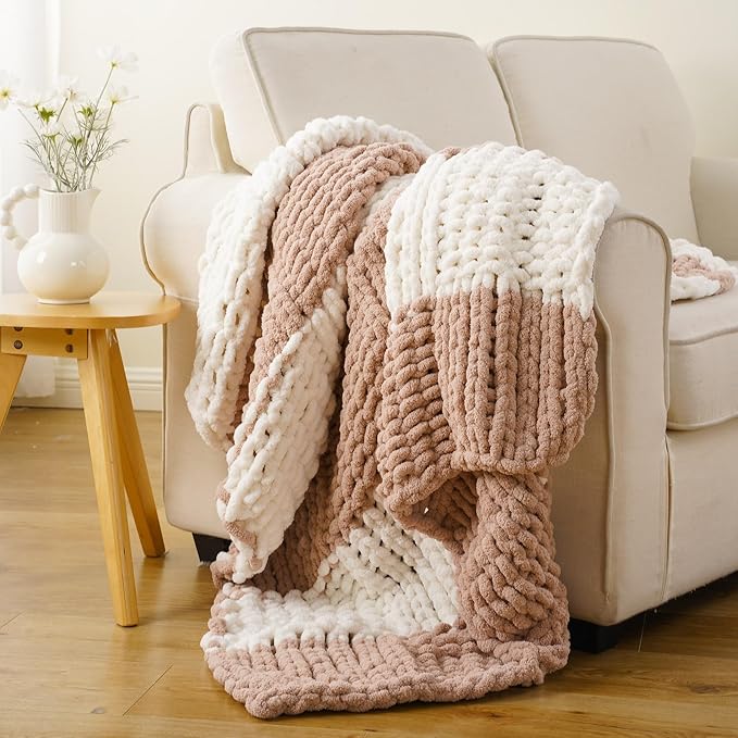 Battilo Chunky Knit Throw Blanket, Soft and Thick Chenille Throw Blanket, 50"x60" Handmade Cable Knit Crochet Blanket, Large Rope Knot Throw Blankets for Couch Sofa Bed Home Decor, Blush & White