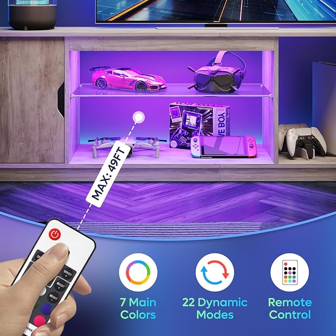 Bestier LED TV Stand for TVs up to 80 Inches, 70 Inch Entertainment Center with Adjustable Glass Shelves & Storage Cabinet for PS5 Xbox, Modern Media Console for Living Room & Bedroom, Washed Gray