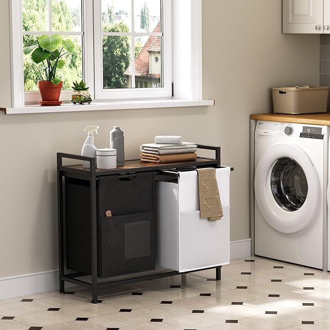 Laundry Hamper with Shelf, Laundry Basket 2 Section, Laundry Sorter with Pull-Out Removable Large 2 Color Bags and Movable, Metal Frame, 2 x 15.87 Gallons (60L), Rustic Brown PF06XLN