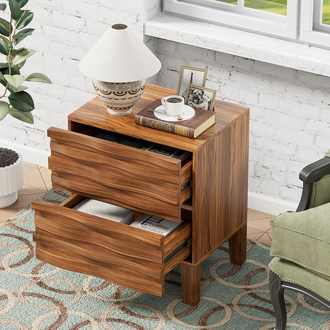 UEV Solid Wood Nightstand Set of 2, 19.7" W Boho Nightstand with 2 Drawers, Fluted Wood Night Stand, Mid Century Modern Bed Side Table for Bedroom,Living Room, Natural Wood