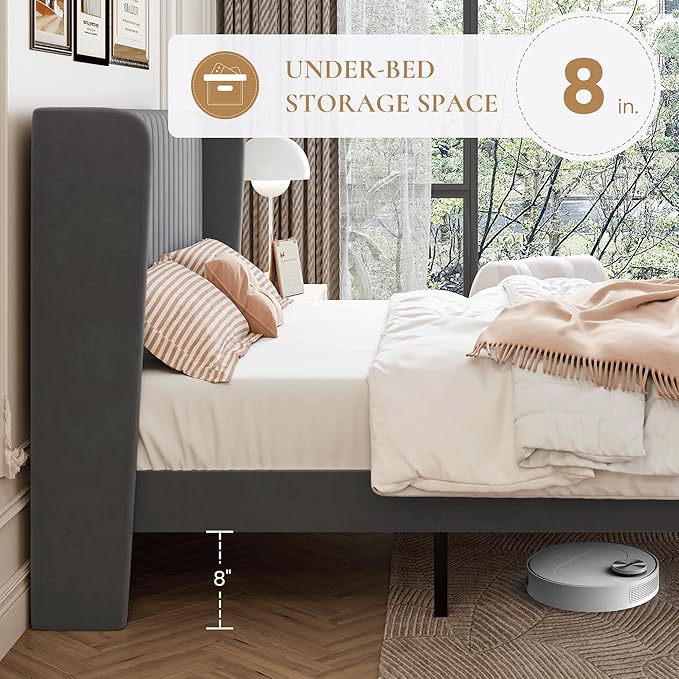 SHA CERLIN King Size Velvet Bed Frame with Vertical Channel Tufted Wingback Headboard, Upholstered Platform Bed with Wood Slats, No Box Spring Needed, Easy Assembly, Grey