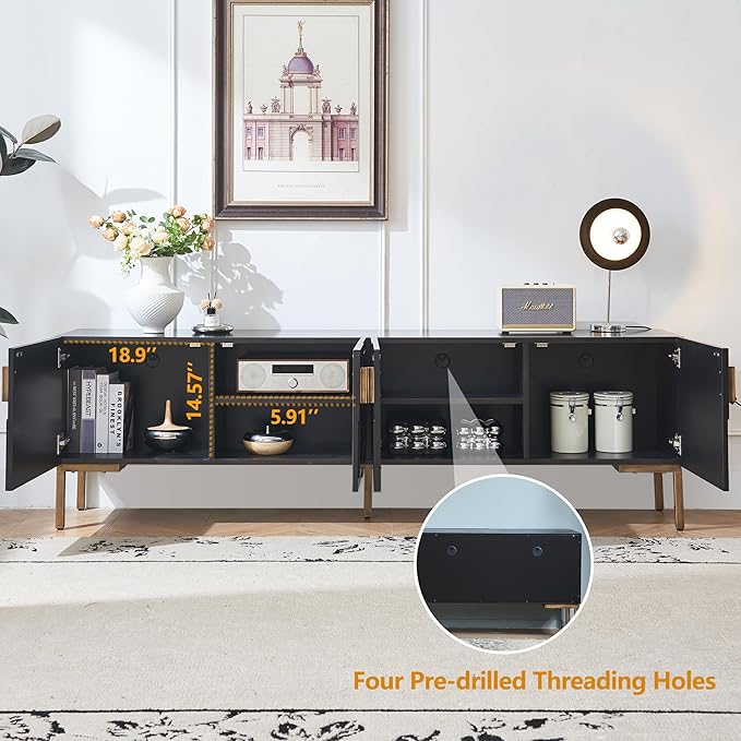 78'' Modern TV Stand with Gold Iron Legs, 4-Door Black TV Table with Shelves, Mid Century Media Console Table for TVs Up to 80''