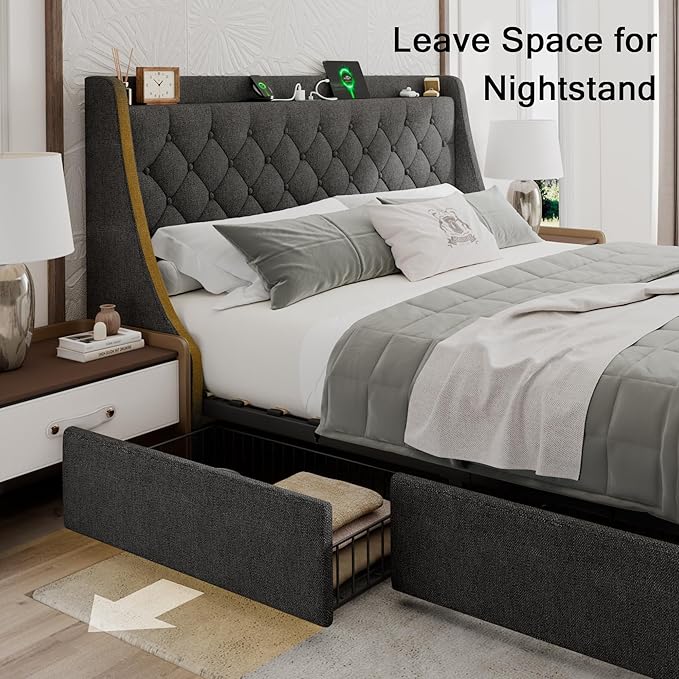 Upholstered King Size Bed Frame with 4 Storage Drawers, Platform Bed Frame with Wingback Headboard, Charging Station, No Box Spring Needed, Dark Grey