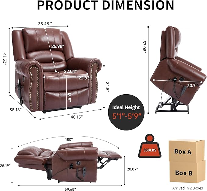 Dual Motor Power Lift Chair, Lay Flat Recliner Chair, Electric Recliner with Massage and Heat for Elderly, Remote Control, Infinite Position, Standing Assistance, USB Ports (Red, Genuine Leather)