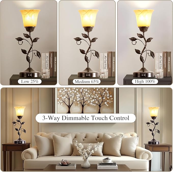 RORIANO Set of 2 Touch Vintage Table Lamps with 2 USB Ports, 3-Way Dimmable Nightstand Flower Lamps, Amber Glass Shade Rustic Leaf Lamp for Living Room Bedroom, LED Bulb Included (Bronze)