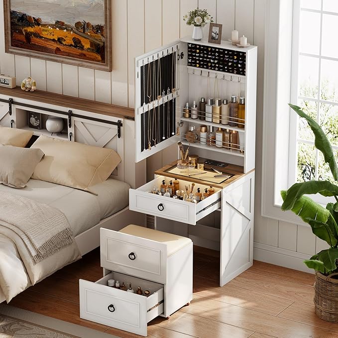 Makeup Vanity Desk with Mirror and Lights,Small Vanity Desk Set with Charging Station & Glass Top,Compact Dressing Table with Jewelry Cabinet & Storage Wheel Stool for Bedroom, White