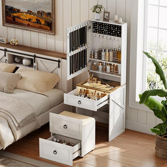 Makeup Vanity Desk with Mirror and Lights,Small Vanity Desk Set with Charging Station & Glass Top,Compact Dressing Table with Jewelry Cabinet & Storage Wheel Stool for Bedroom, White