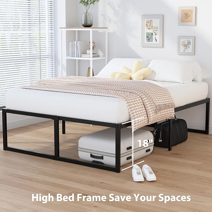 EMODA 18 Inch California King Bed Frames Heavy Duty Metal Cal King Platform with Steel Slats Support, No Box Spring Needed, Noise Free, Black