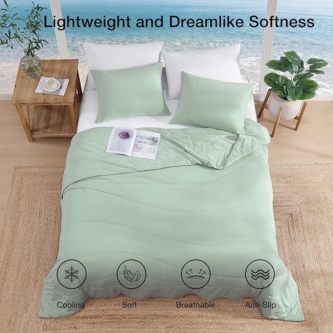 Monbix ChillChilla Cooling Comforter Queen Size-3 Pieces Cooling Blankets for Hot Sleepers and Night Sweats, Double-Sided Summer Queen Comforter Set, Breathable Lightweight Blanket Grey Green