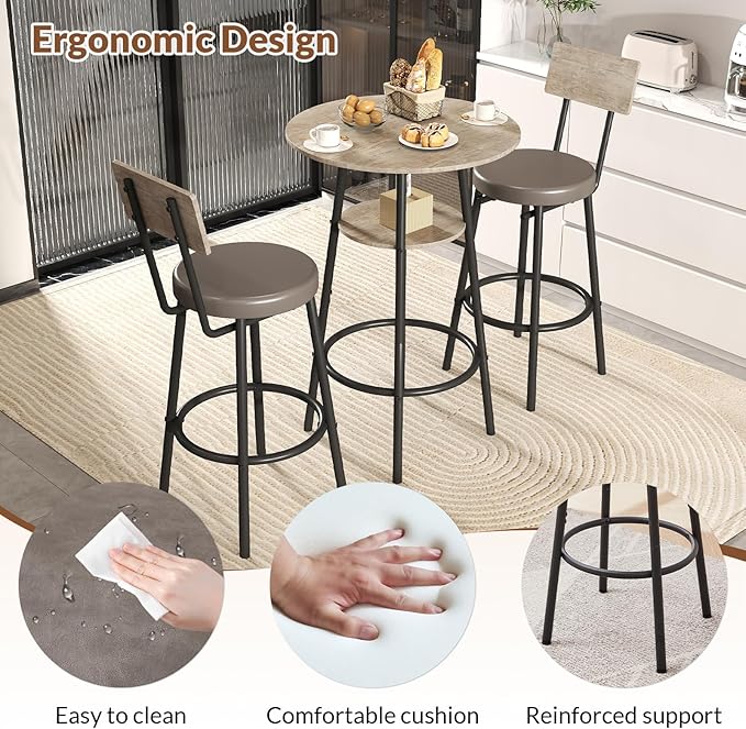 3 Pieces Round Bar Table and Chairs Set, Small Dining Table for 2, Kitchen Bar Table, Breakfast Table with Storage, 2 Thickened Cushion Stools with Backrest for Dining Room & Bistro-Grey
