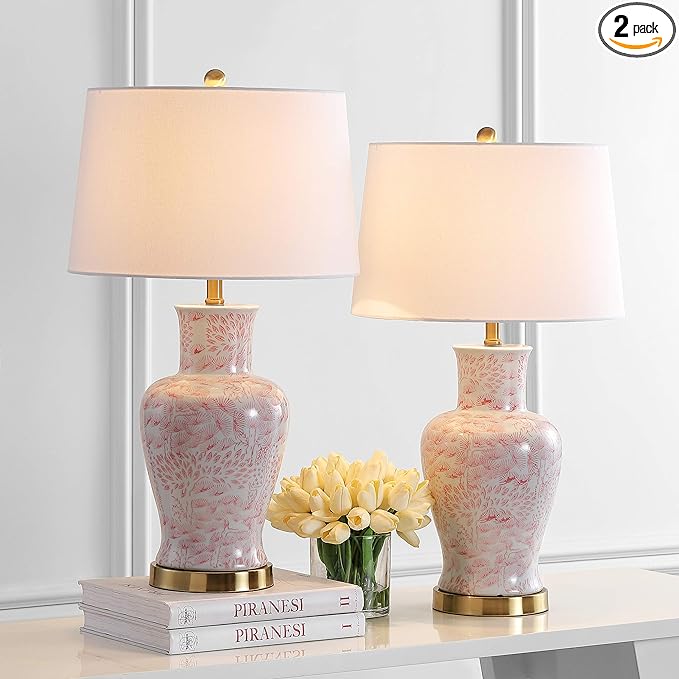 SAFAVIEH Lighting Collection Calli Pink/ White Chinoiserie 28-inch Bedroom Living Room Home Office Desk Nightstand Table Lamp Set of 2 (LED Bulbs Included)