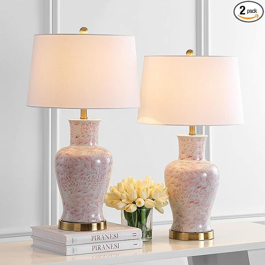 SAFAVIEH Lighting Collection Calli Pink/ White Chinoiserie 28-inch Bedroom Living Room Home Office Desk Nightstand Table Lamp Set of 2 (LED Bulbs Included)