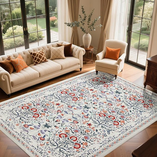Area Rug Living Room Rug, 4X6 Rugs for Living Room Floral Boho Low Pile Super Soft Washable Rug, Stain Resistant Indoor Floor Non-Slip Carpet for Bedroom Bedside Dining Room Kitchen Nursery, Beige
