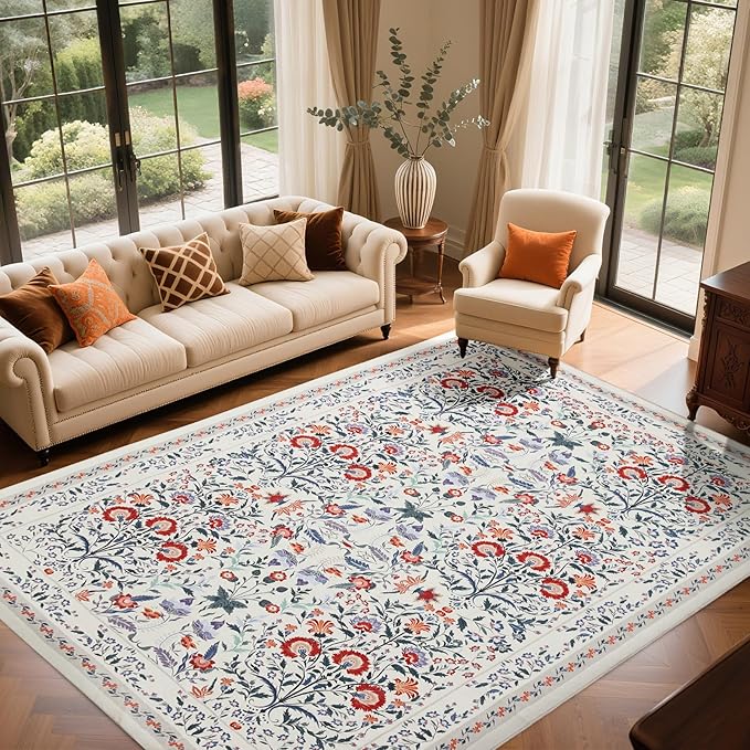 Area Rug Living Room Rug, 5X7 Rugs for Living Room Floral Boho Low Pile Super Soft Washable Rug, Stain Resistant Indoor Floor Non-Slip Carpet for Bedroom Bedside Dining Room Kitchen Nursery, Beige