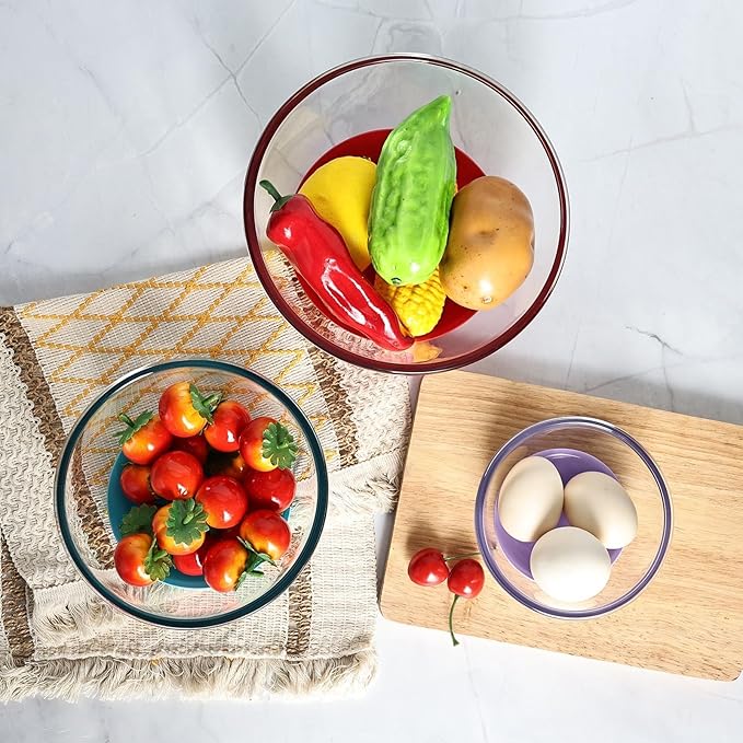 Glass Mixing Bowls Set of 3 with BPA-Free Airtight Lids, Large Nesting Bowls with Non-Slip Silicone Base, Ideal for Food Storage, Dishwasher & Microwave Safe, 2, 1, 0.5 QT Purple Blue Red
