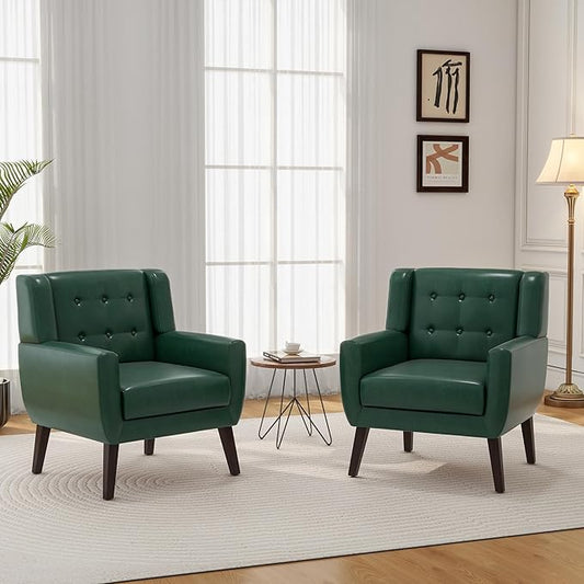 Accent Chair, Mid-Century Modern PU Leather Chairs with Arms for Living Room, Comfy Upholstered Club Single Sofa Armchair for Bedroom Waiting Room with Solid Wood Frame（Leather Green, Set of 2