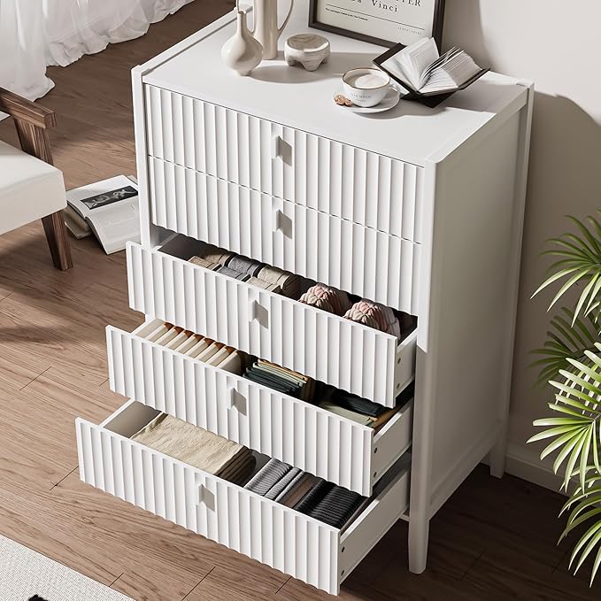 White 5 Drawer Dresser, Fluted Wood Chest of Drawers for Bedroom, Modern Dresser with Deep Drawers for Clothes, 32 Inch Tall Nightstand for Bedroom, Living Rooms, Offices, and Entryways