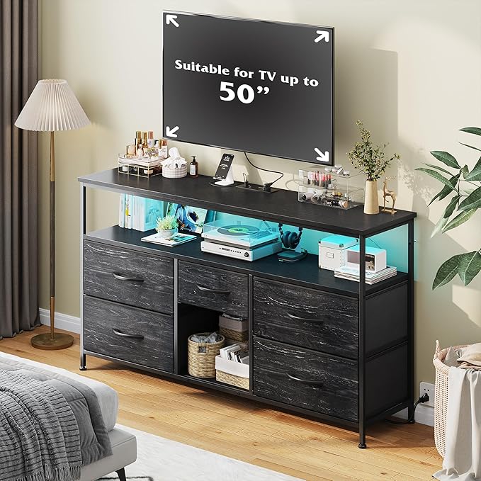 TV Stand Dresser with LED Lights & Power Outlets, Entertainment Center for 50" Inch TV, 5 Drawers TV Stand for Bedroom Dresser with Shelves for Living Room, Sturdy Metal Frame, Black