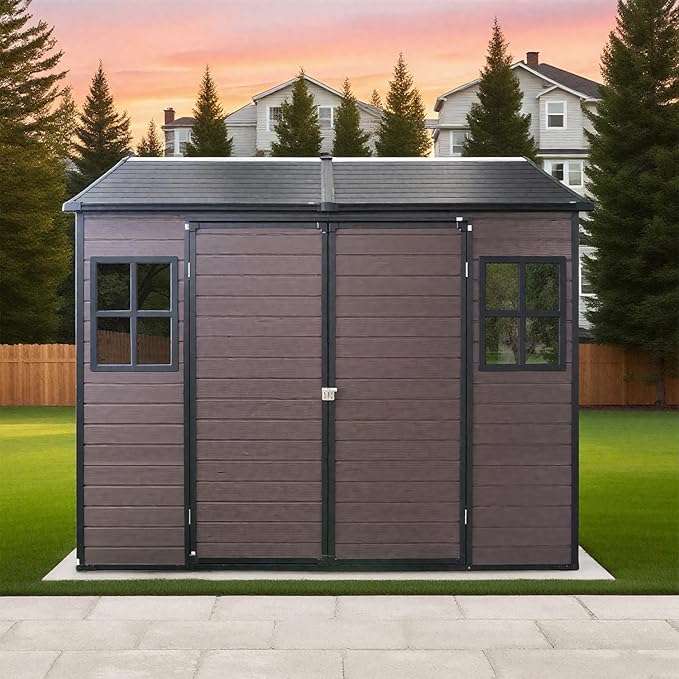 8x6 FT Outdoor Storage Resin Shed with Floor, Waterproof Plastic Garden Tool Shed with Windows, Vents & Lockable Door and Sloped Roof, Easy to Assemble Bike Shed for Patio, Backyard, Lawn, Brown