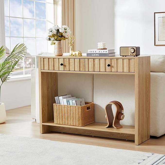 Console Table with Drawers, Narrow Mid-Century Fluted Entryway Table Sofa Table with Storage Shelf, Wood Entry Table Accent Behind Couch Ta ble for Entrance, Hallway, Living Room (Natural)