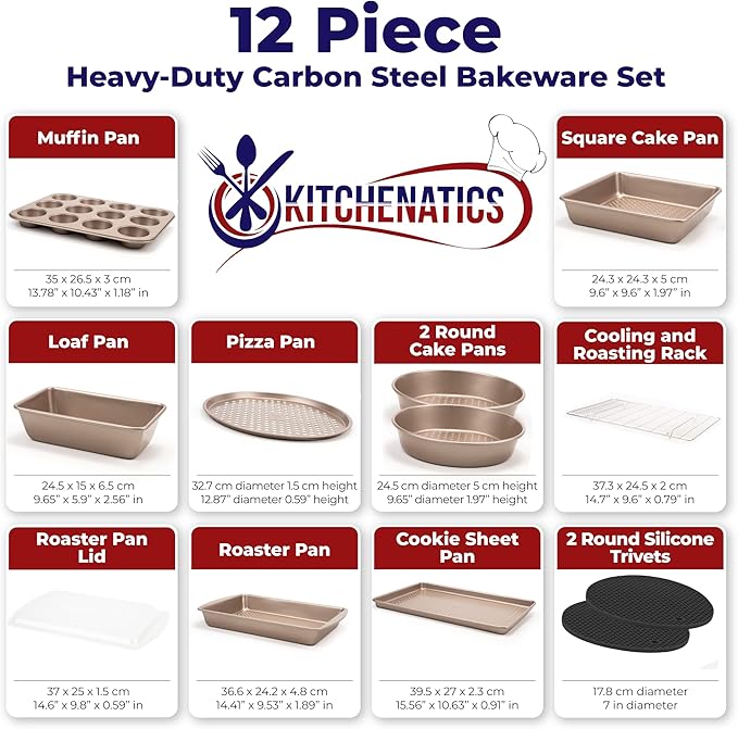 KITCHENATICS 12-Piece Carbon Steel Baking Pans Set Nonstick, Kitchen Essentials for New Home, Nonstick Bakeware Sets w/Cake Pans, Muffin Pan Set, Oven Pan - Stackable Bakeware Set, Champagne Gold