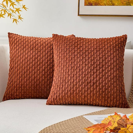 Kevin Textile Fall Throw Pillow Covers Soft Corduroy Decorative Set of 2 Boho Striped Pillow Covers Pillowcases Farmhouse Home Decor for Couch Bed Sofa Living Room 16x16 Inch Rust Brown