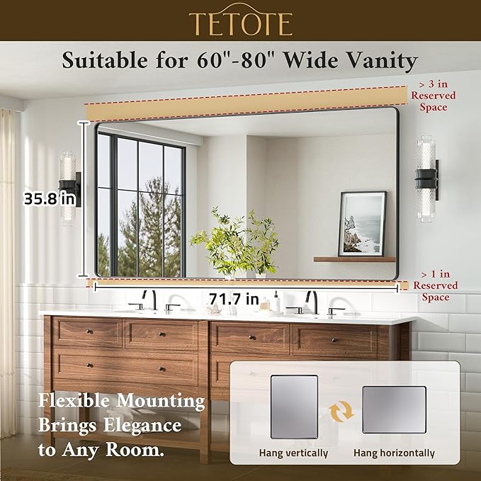 TETOTE 72 x 36 Black Vanity Mirror Large Black Mirror for Living Room Matte Metal Frame, Tempered Glass, Modern Farmhouse Wall Mounted Mirror for Decorative(Horizontal/Vertical)