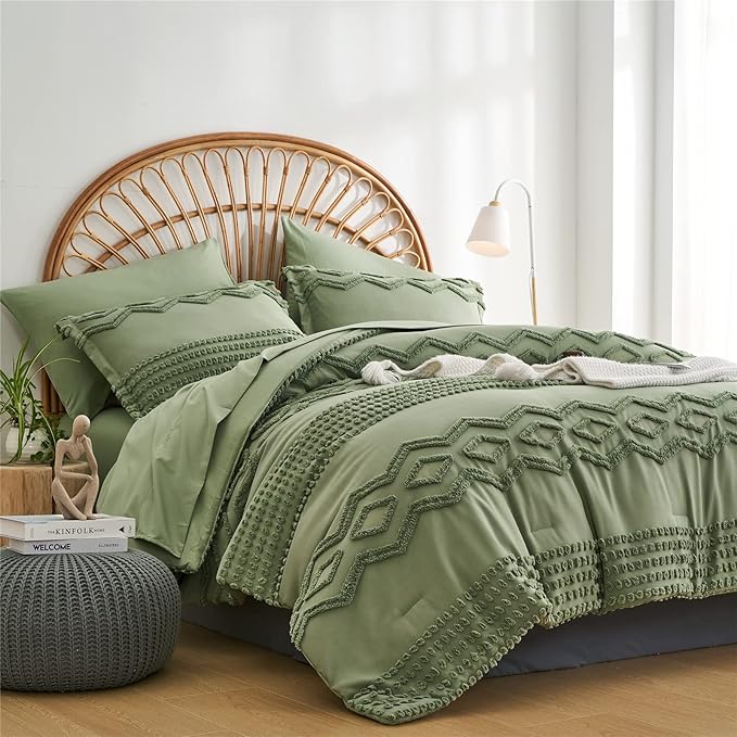 Sage Green Tufted Comforter Set King Size 7 Piece Bed in a Bag, Shabby Chic Boho Comforter and Sheet Set, Pom Pom Textured Bed Set, All Season Soft Microfiber Complete Bedding Set(Green,King)