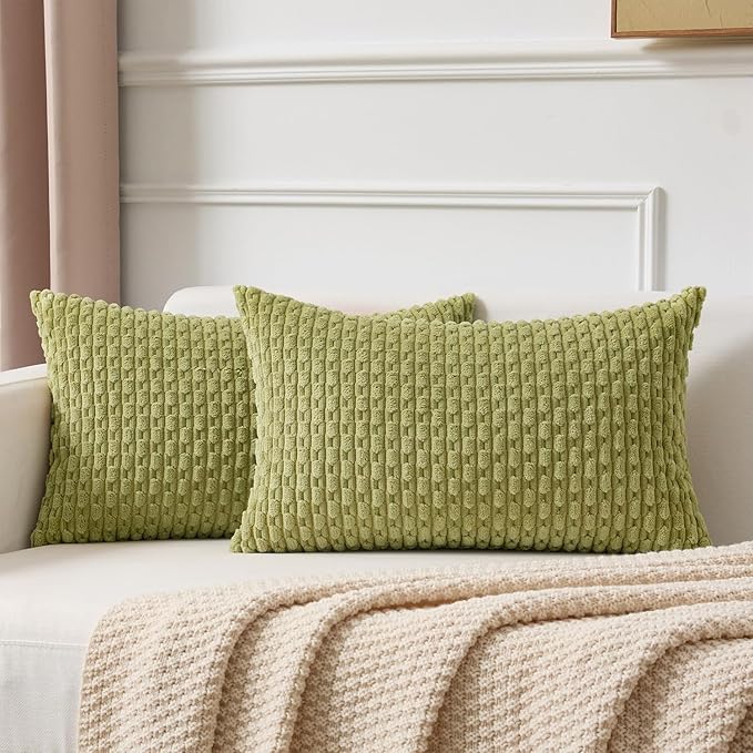Kevin Textile Decorative Pillow Covers Set of 2 Striped Plush Corduroy Rectangle Lumbars Boho Home Decor Cushion Covers for Couch Sofa Bed Living Room 12x20 Inch, Grass Green