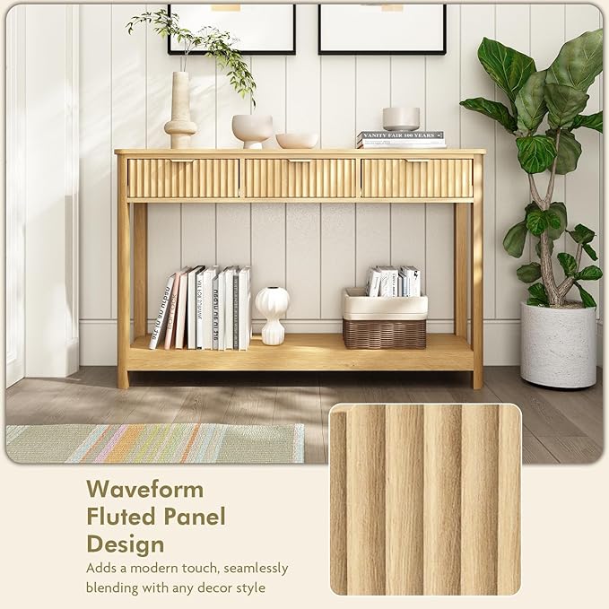 Fluted Console Table with Drawers, Modern 47.1" Entryway Table with Storage Shelf, Boho Narrow Skinny Behind Couch Wood Sofa Table for Living Room Hallway Entrance Foyer, Natural
