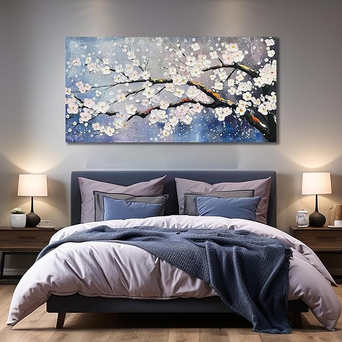 White Flowers Hand Painted Wall Art For Bedroom Blue Modern Wall Decor For Office Extra Large Wall Art For Living Room Size 36 x 72 Inch