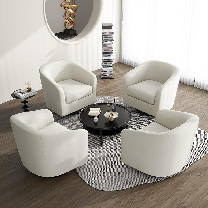UIXE 360° Swivel Barrel Accent Chair Armchair, Round Club Arm Chair in Fabric for Lving Room, Modern Upholstered Small Bedroom Single Sofa Seat - Beige, Set of 4