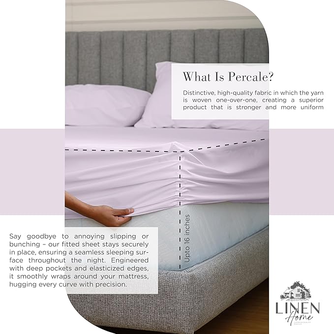 Linen Home 100% Cotton Percale Sheets King Size, Iris Lilac, Deep Pocket, 4 Pieces Set - 1 Flat, 1 Deep Pocket Fitted Sheet and 2 Pillowcases, Crisp Cool and Strong Bed Linen