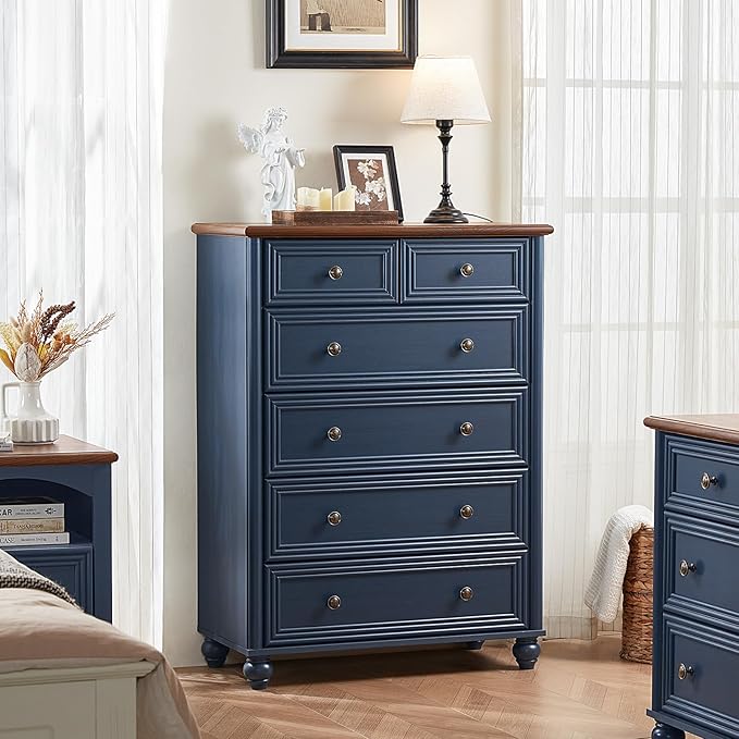 Farmhouse 6 Drawer Dresser, 15.75" D x 31.5" W x 43.5" H Chest of Drawers for Bedroom, Blue Tall Dresser with 4 Solid Wood Feet, Wood Storage Dressers Organizer for Living Room Hallway Closet