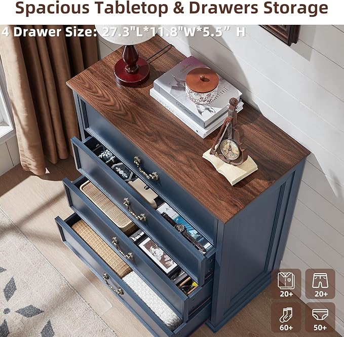 Farmhouse 4 Drawer Dresser for Bedroom, 37" Tall Rustic Chests of Drawers w/ 4 Solid Wood Feet, Mid Century Modern Wooden Closet Storage Dressers Organizer for Living Room, Hallway, Navy Blue