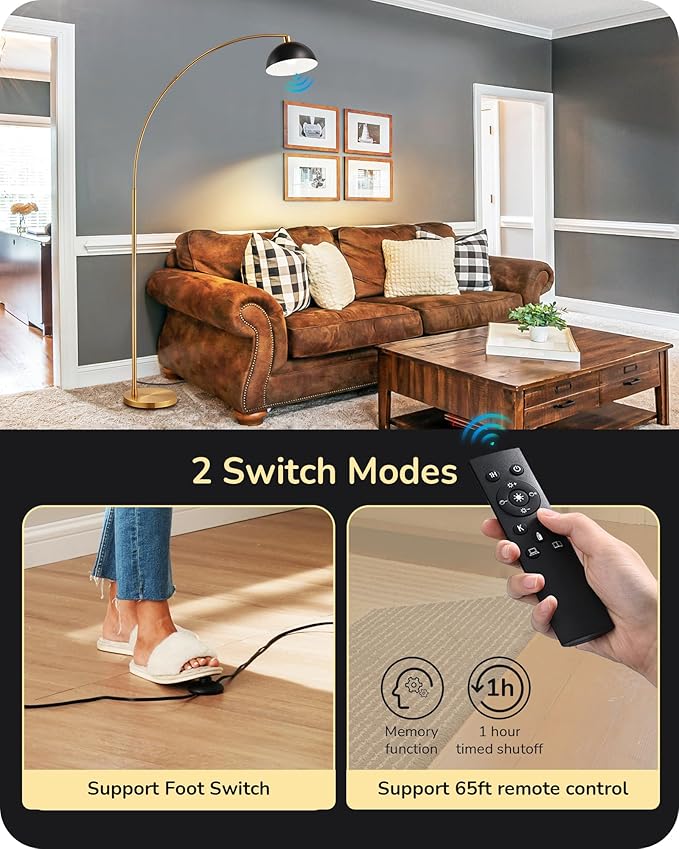 EDISHINE 78.3" Mid Century Modern Floor Lamp, Tall Standing Lamp with Remote, Rotatable LampHead, Brass Floor Lamps for Living Room, Bedroom, Office, Reading Corner, Gold/Black